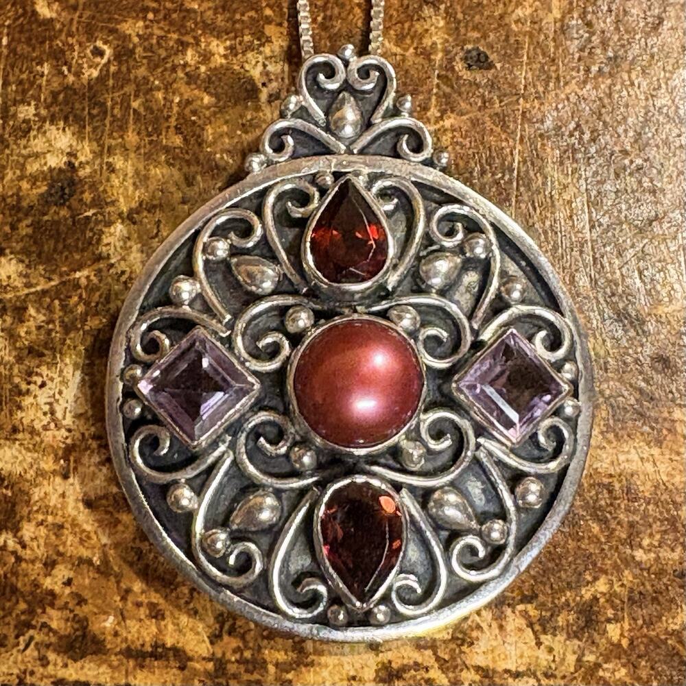 Sterling Silver, Amethyst, Pearl and Garnet Necklace Ornate Scrolls and Designs